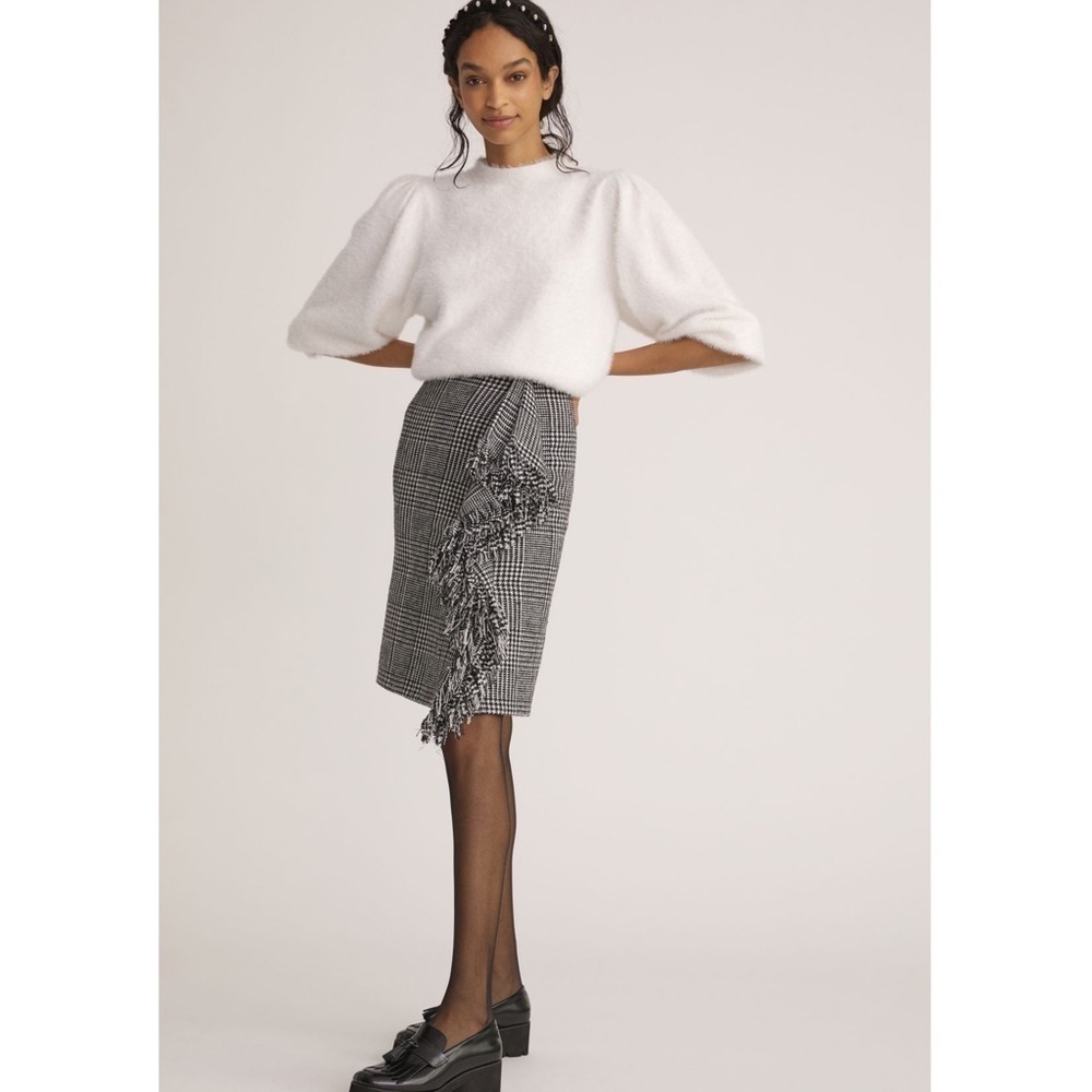 Anthropologie fringed plaid ruffled mini skirt new NWT size small black & white